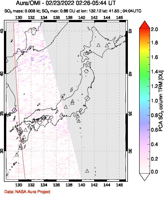 A sulfur dioxide image over Japan on Feb 23, 2022.