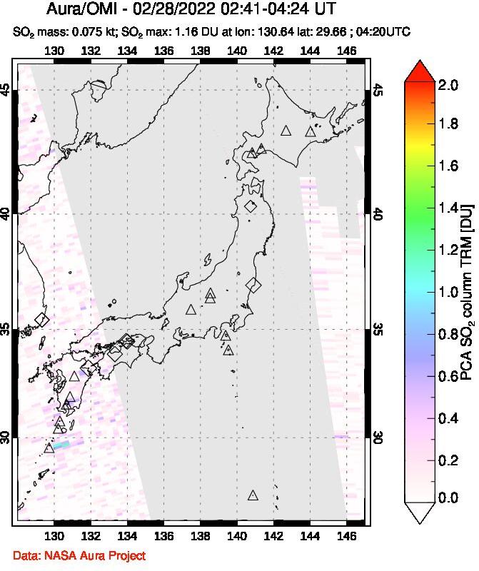 A sulfur dioxide image over Japan on Feb 28, 2022.