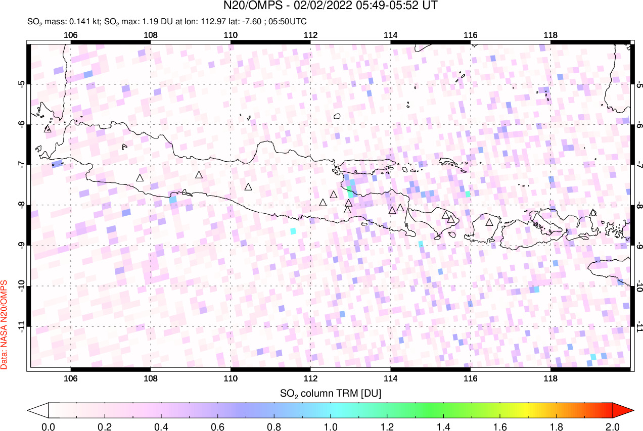A sulfur dioxide image over Java, Indonesia on Feb 02, 2022.