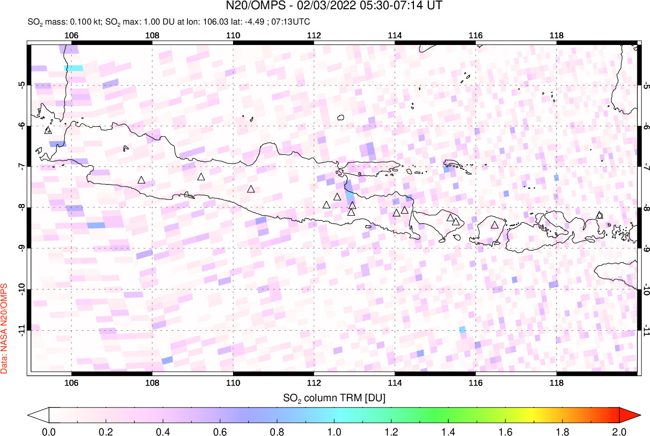 A sulfur dioxide image over Java, Indonesia on Feb 03, 2022.