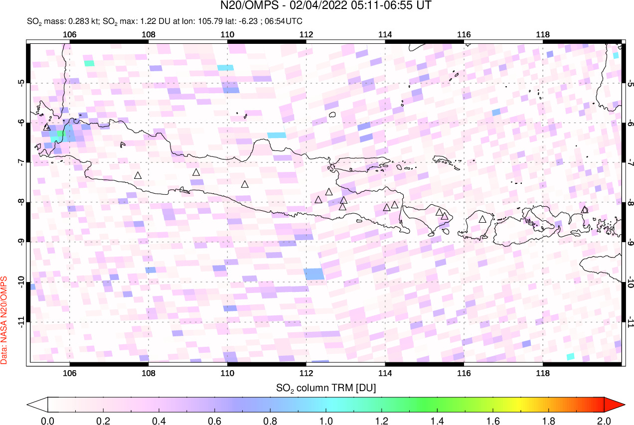 A sulfur dioxide image over Java, Indonesia on Feb 04, 2022.
