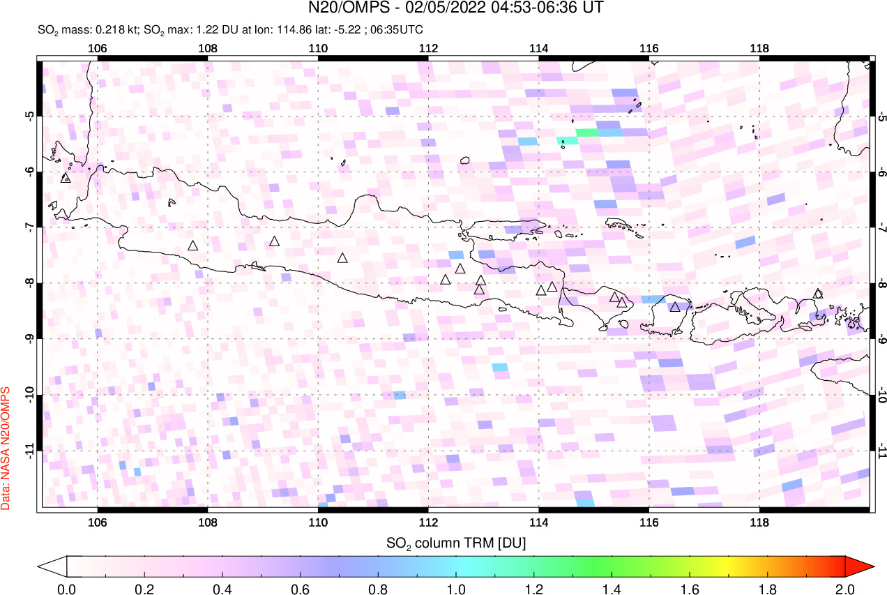 A sulfur dioxide image over Java, Indonesia on Feb 05, 2022.