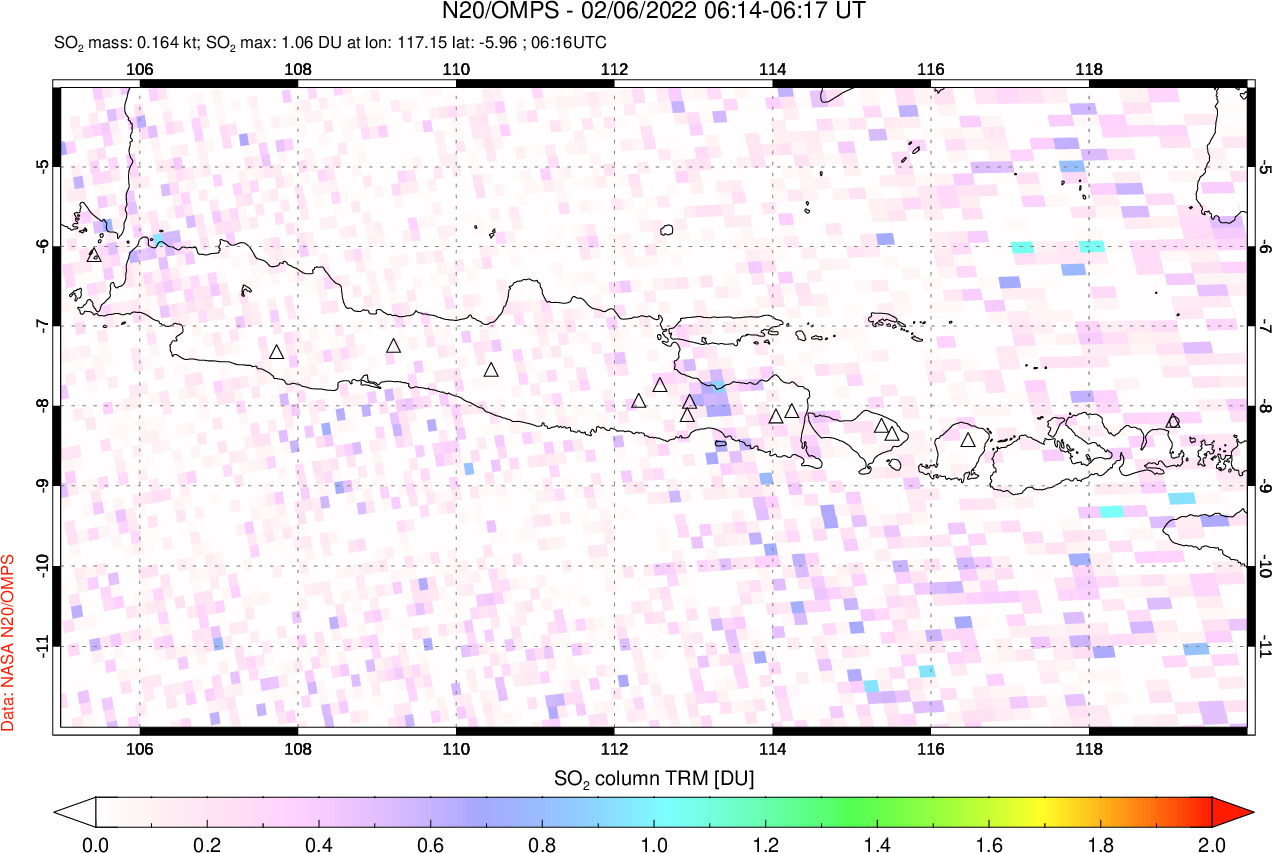 A sulfur dioxide image over Java, Indonesia on Feb 06, 2022.