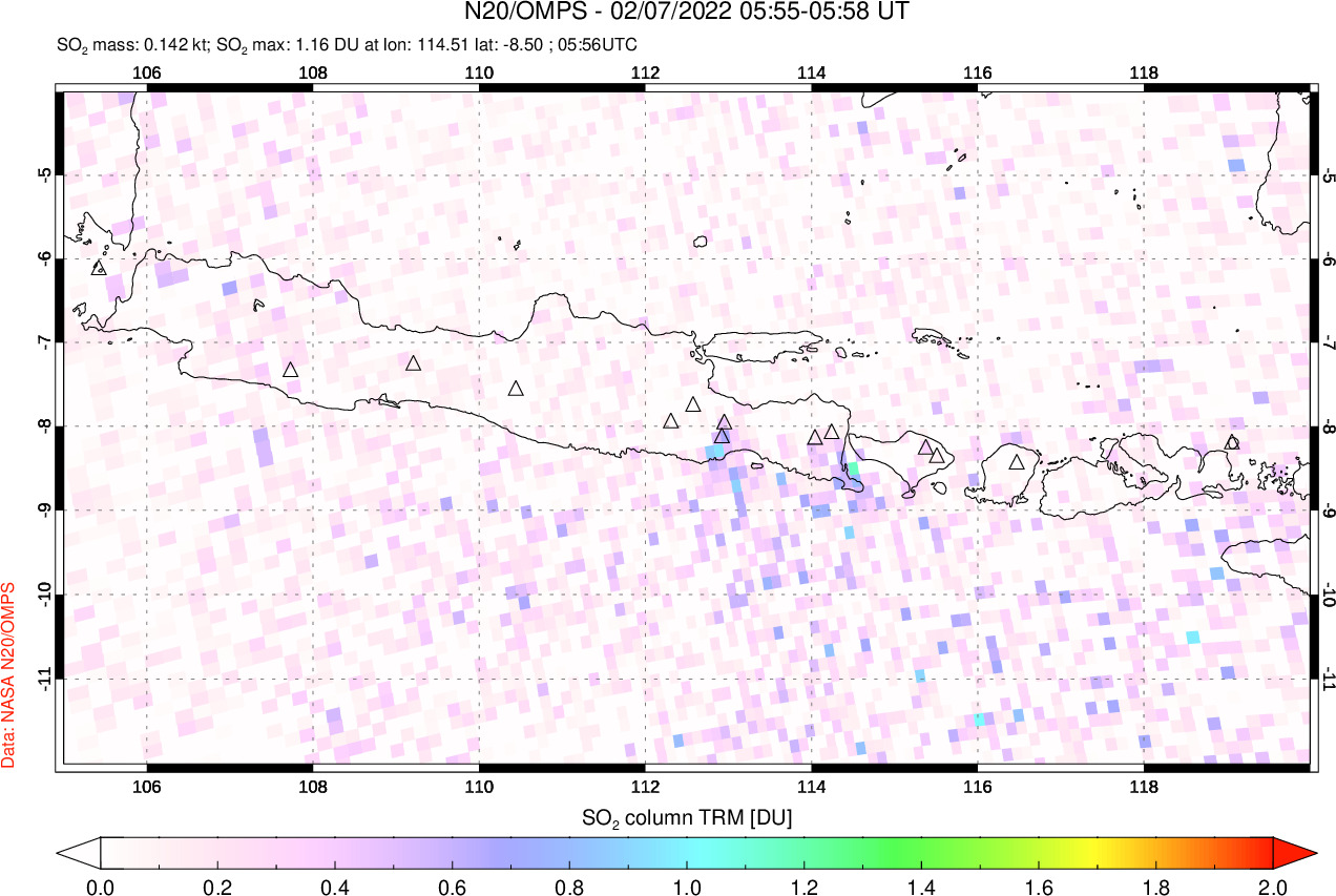 A sulfur dioxide image over Java, Indonesia on Feb 07, 2022.