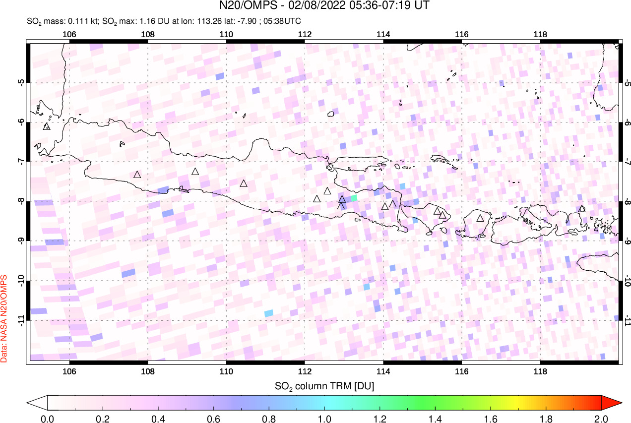 A sulfur dioxide image over Java, Indonesia on Feb 08, 2022.