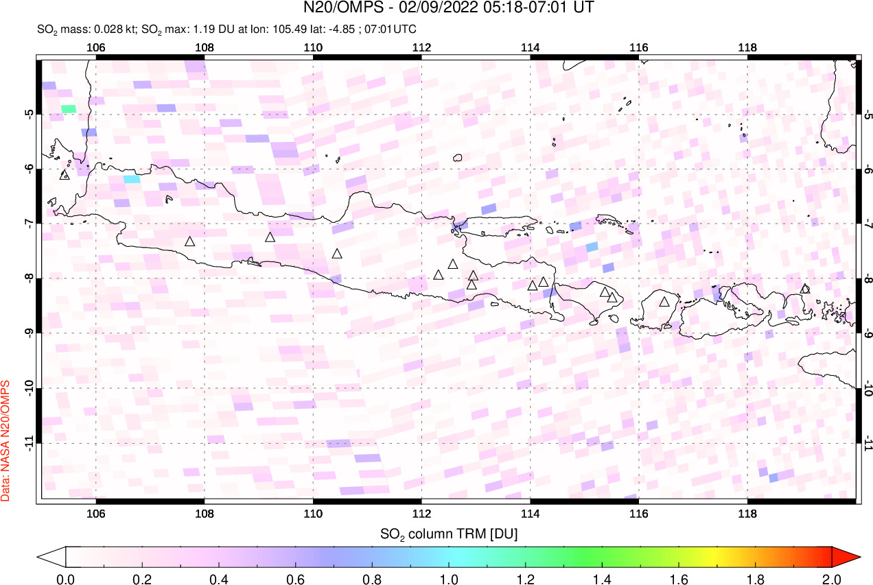A sulfur dioxide image over Java, Indonesia on Feb 09, 2022.