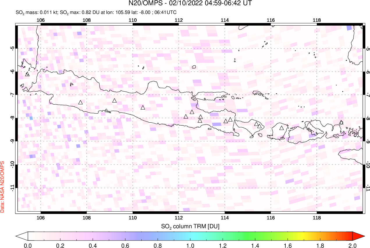 A sulfur dioxide image over Java, Indonesia on Feb 10, 2022.