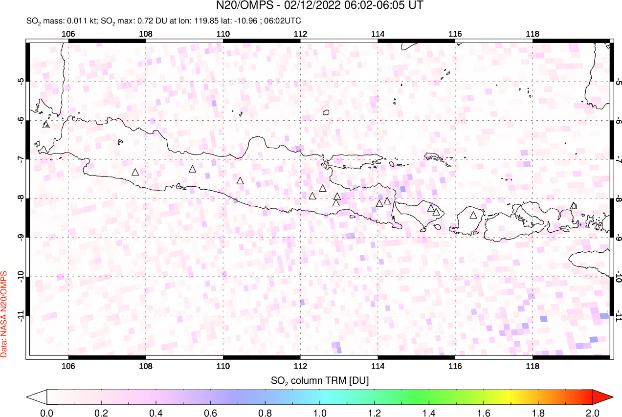 A sulfur dioxide image over Java, Indonesia on Feb 12, 2022.