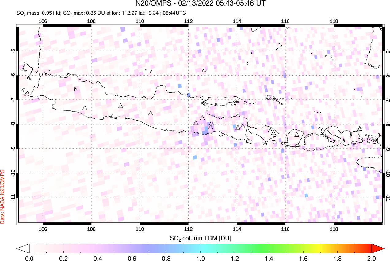 A sulfur dioxide image over Java, Indonesia on Feb 13, 2022.