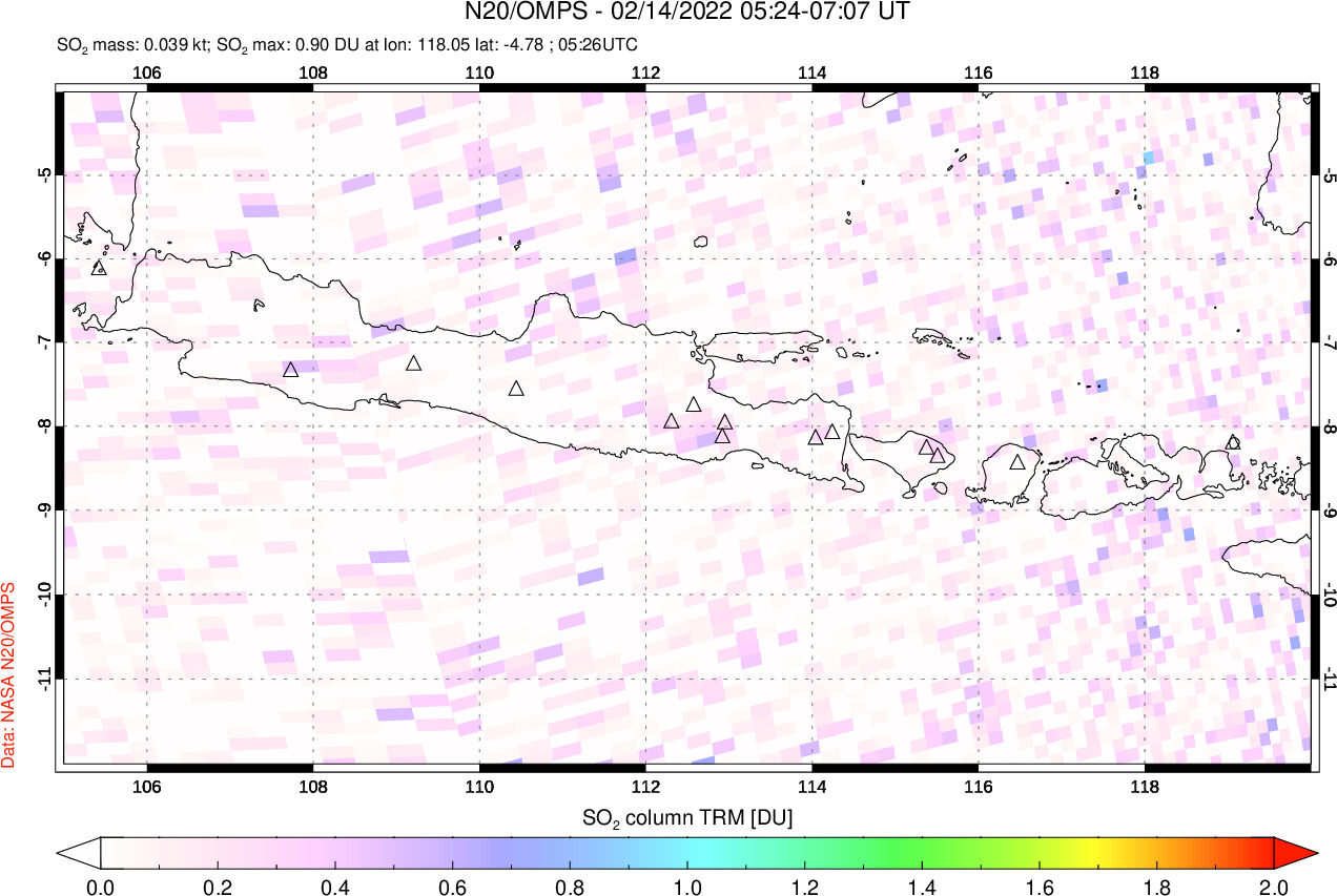 A sulfur dioxide image over Java, Indonesia on Feb 14, 2022.