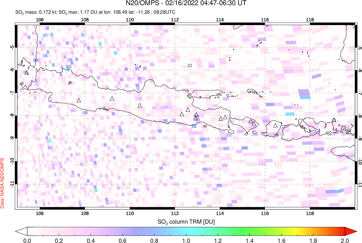 A sulfur dioxide image over Java, Indonesia on Feb 16, 2022.
