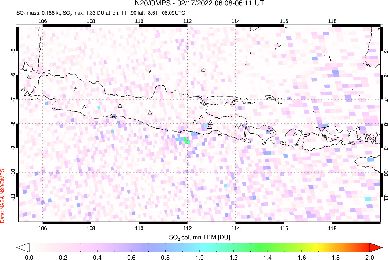 A sulfur dioxide image over Java, Indonesia on Feb 17, 2022.