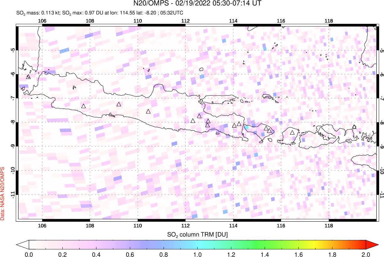 A sulfur dioxide image over Java, Indonesia on Feb 19, 2022.