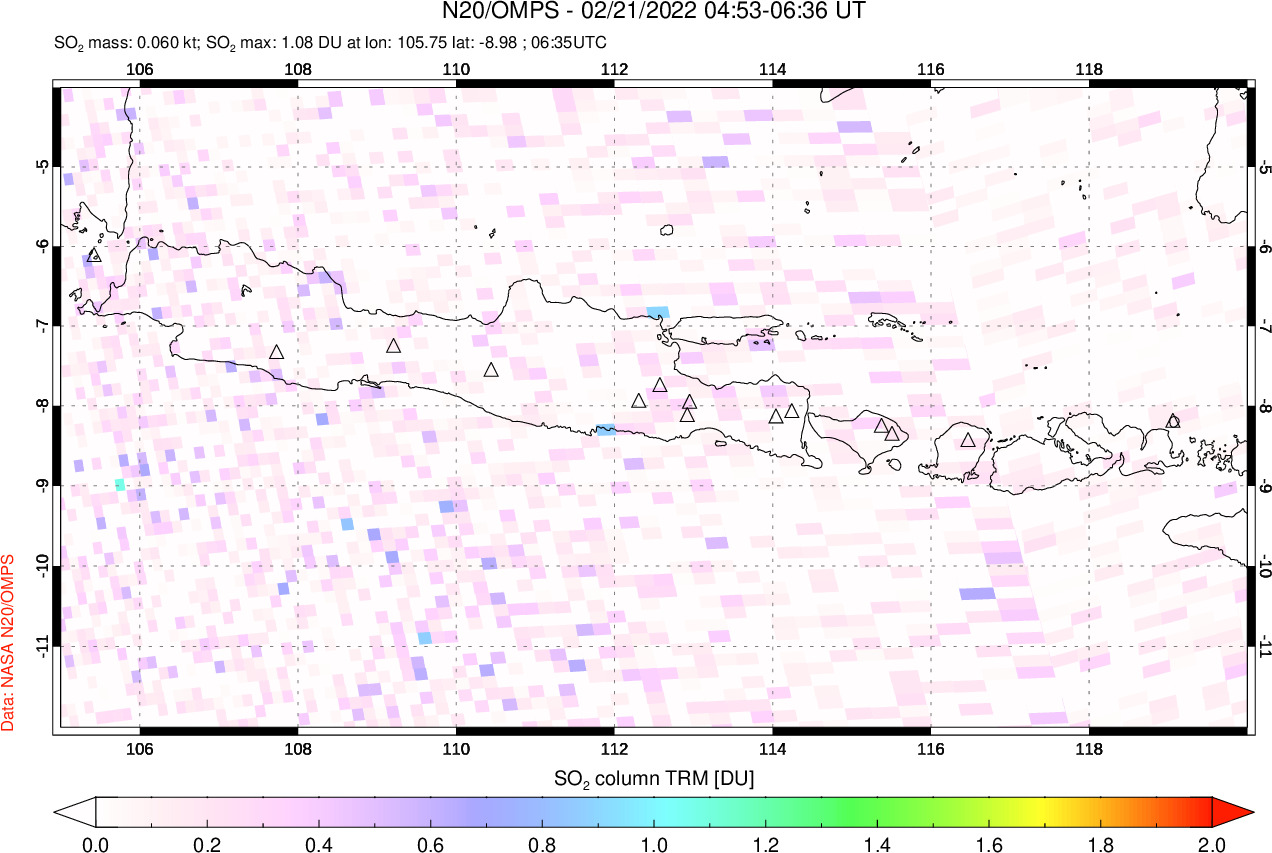 A sulfur dioxide image over Java, Indonesia on Feb 21, 2022.