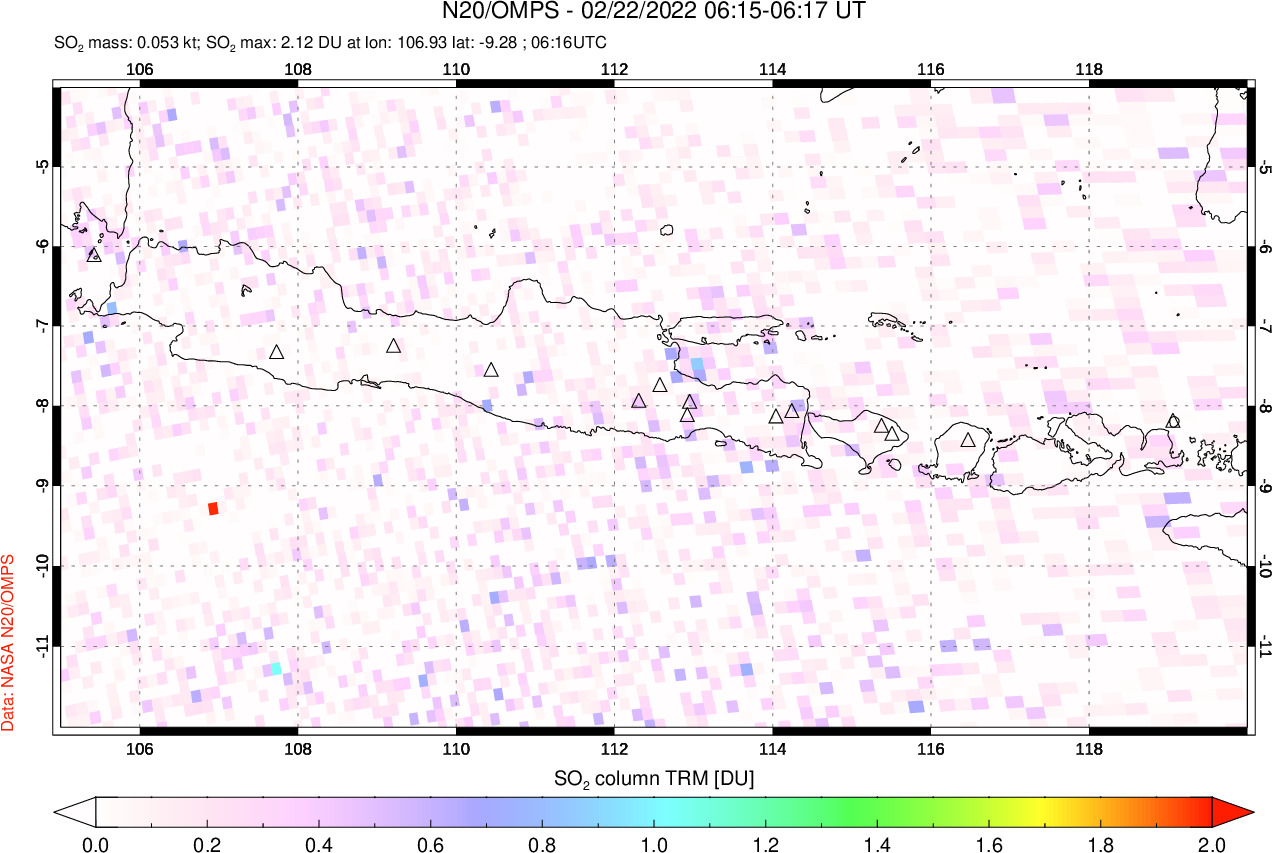 A sulfur dioxide image over Java, Indonesia on Feb 22, 2022.
