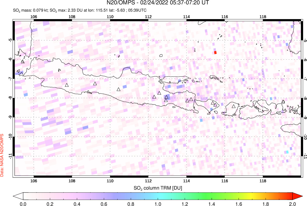 A sulfur dioxide image over Java, Indonesia on Feb 24, 2022.
