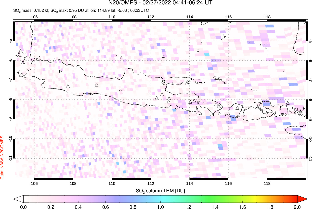 A sulfur dioxide image over Java, Indonesia on Feb 27, 2022.