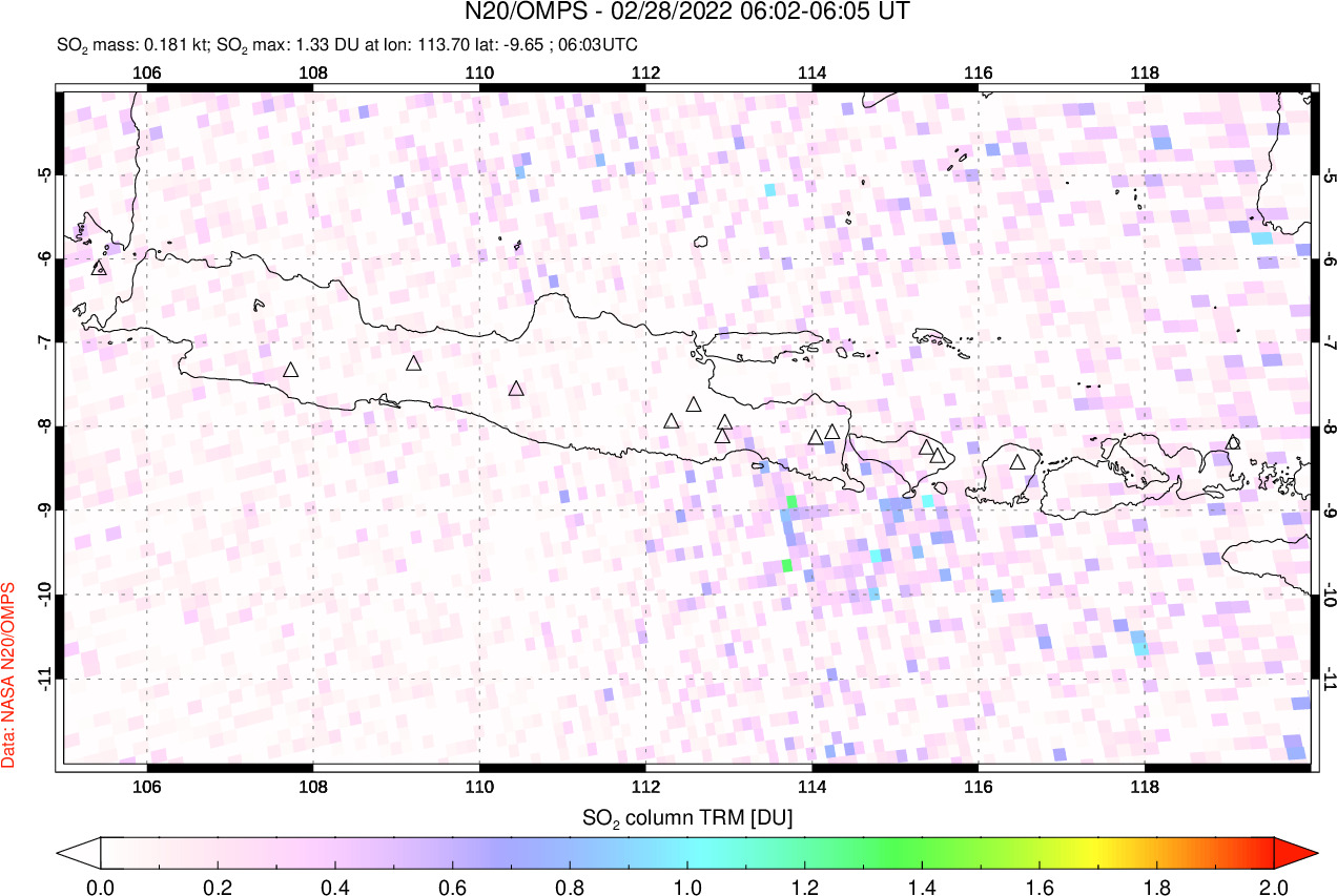 A sulfur dioxide image over Java, Indonesia on Feb 28, 2022.