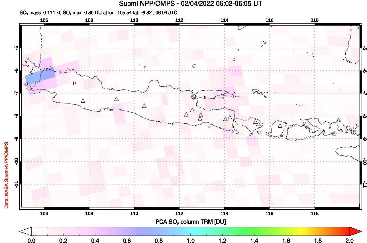A sulfur dioxide image over Java, Indonesia on Feb 04, 2022.