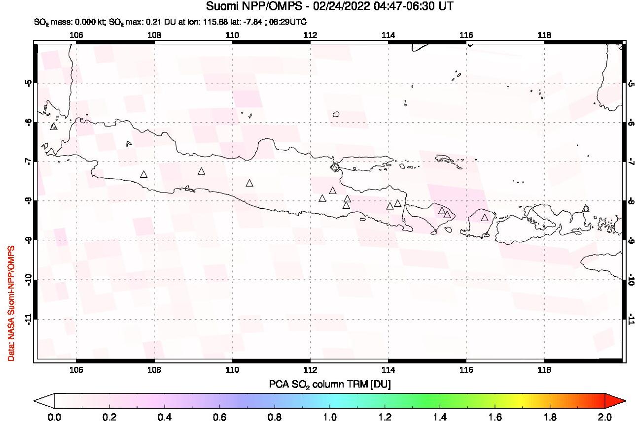 A sulfur dioxide image over Java, Indonesia on Feb 24, 2022.