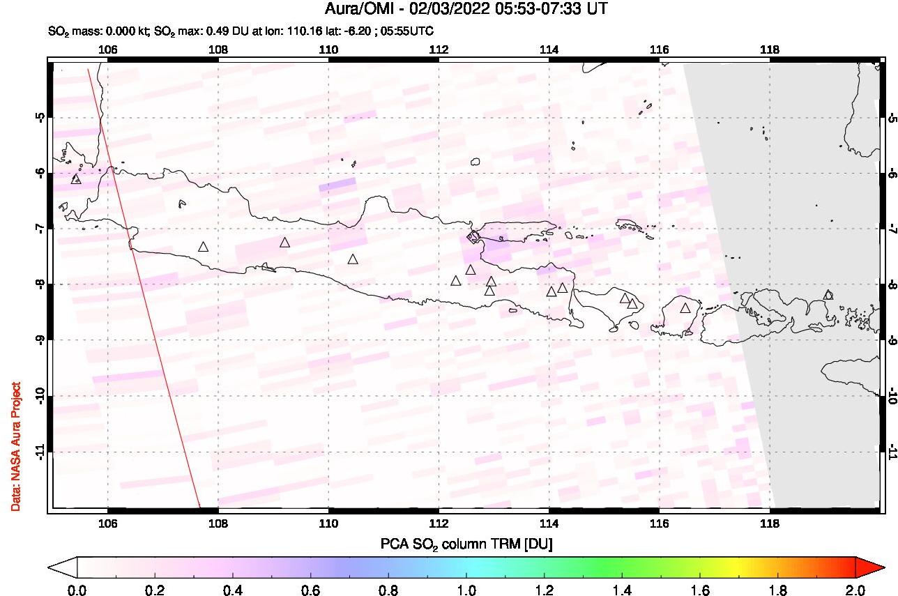 A sulfur dioxide image over Java, Indonesia on Feb 03, 2022.