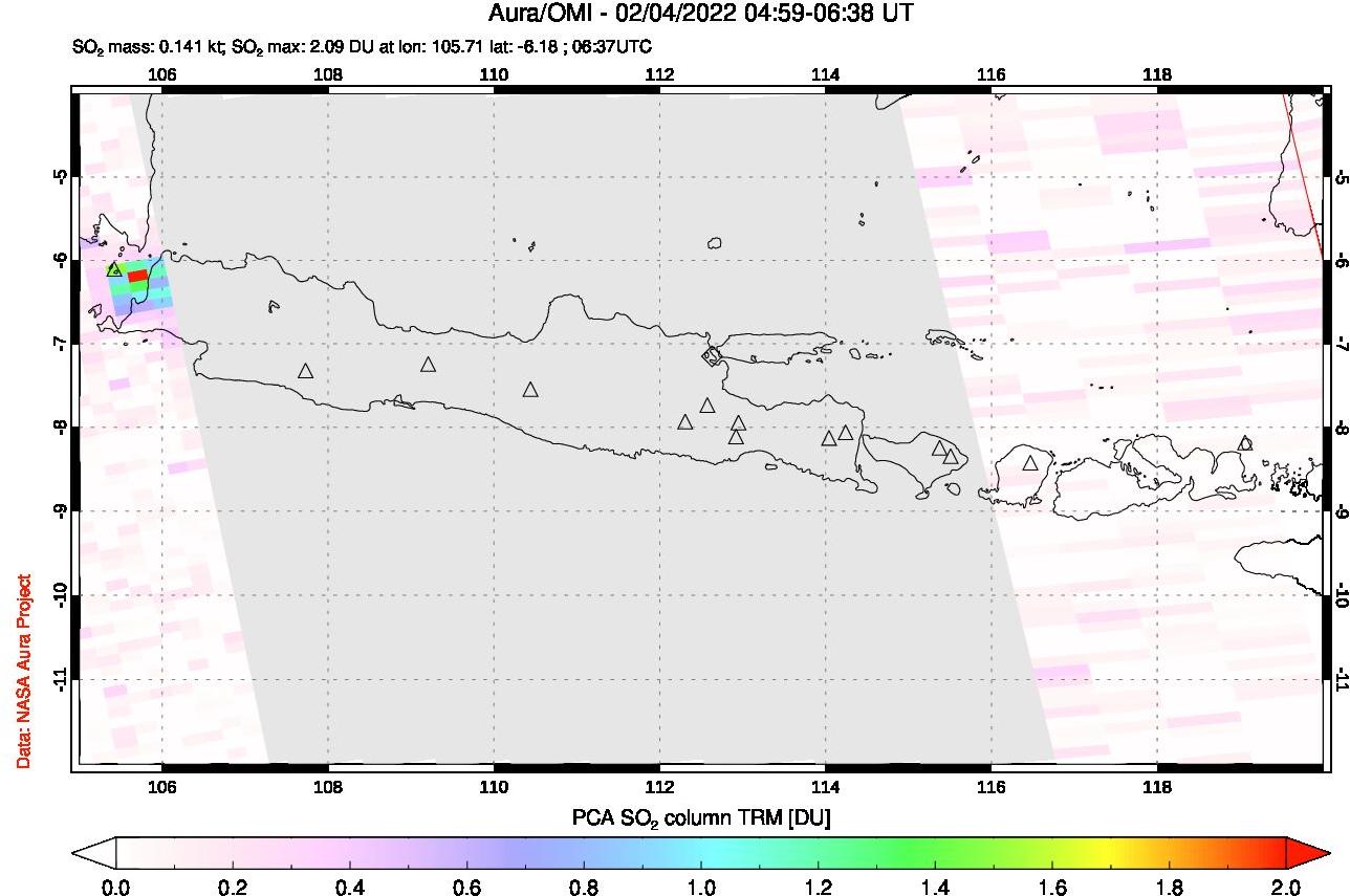 A sulfur dioxide image over Java, Indonesia on Feb 04, 2022.
