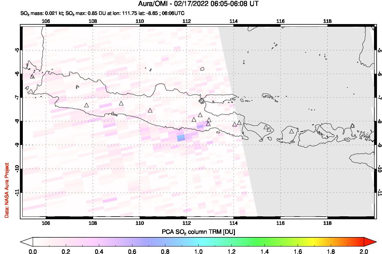 A sulfur dioxide image over Java, Indonesia on Feb 17, 2022.