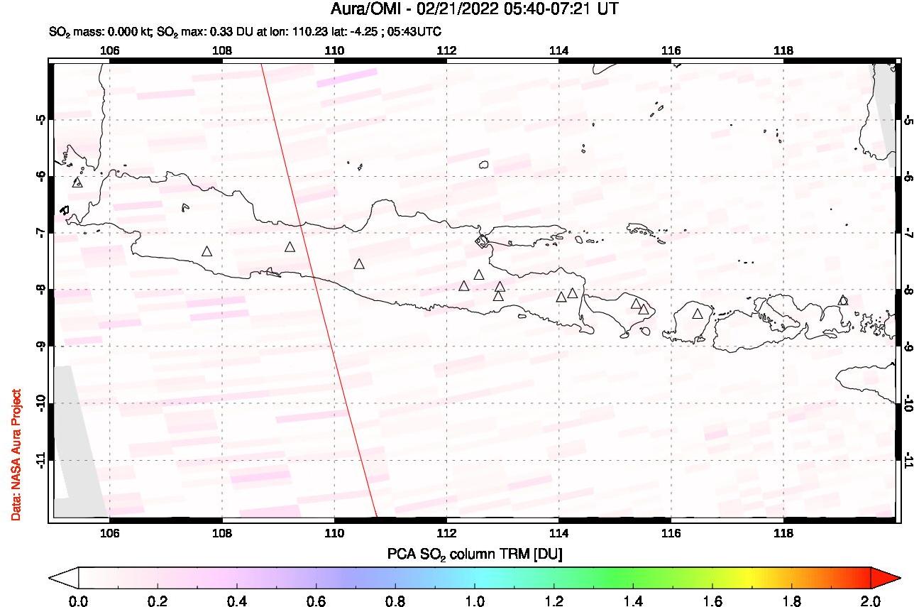 A sulfur dioxide image over Java, Indonesia on Feb 21, 2022.
