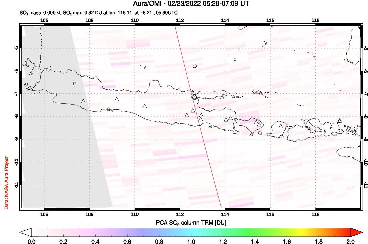 A sulfur dioxide image over Java, Indonesia on Feb 23, 2022.