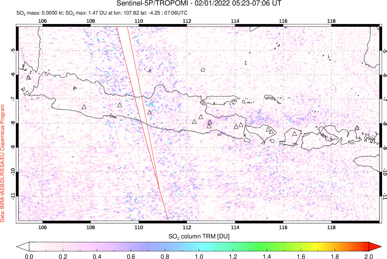 A sulfur dioxide image over Java, Indonesia on Feb 01, 2022.