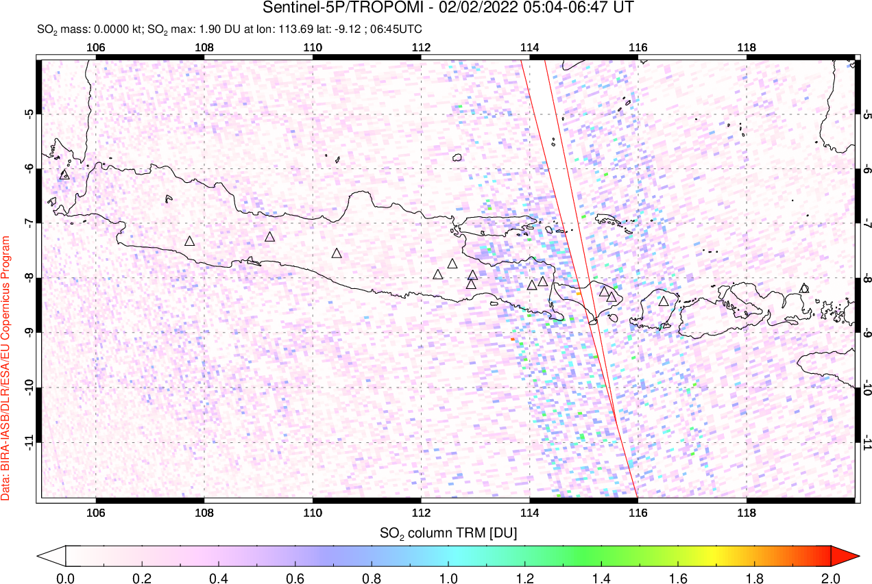 A sulfur dioxide image over Java, Indonesia on Feb 02, 2022.