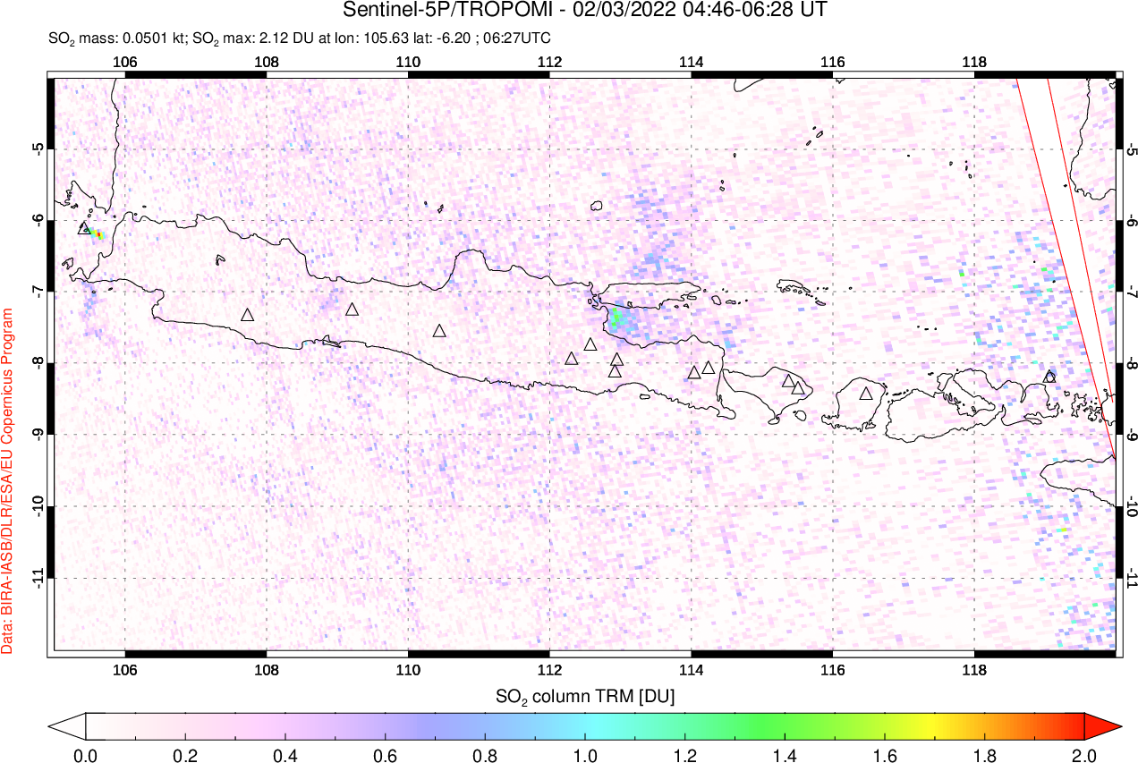 A sulfur dioxide image over Java, Indonesia on Feb 03, 2022.