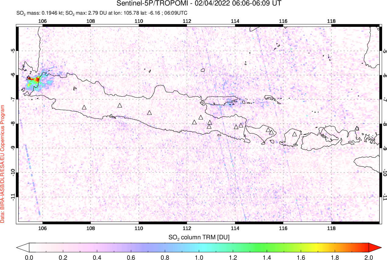 A sulfur dioxide image over Java, Indonesia on Feb 04, 2022.