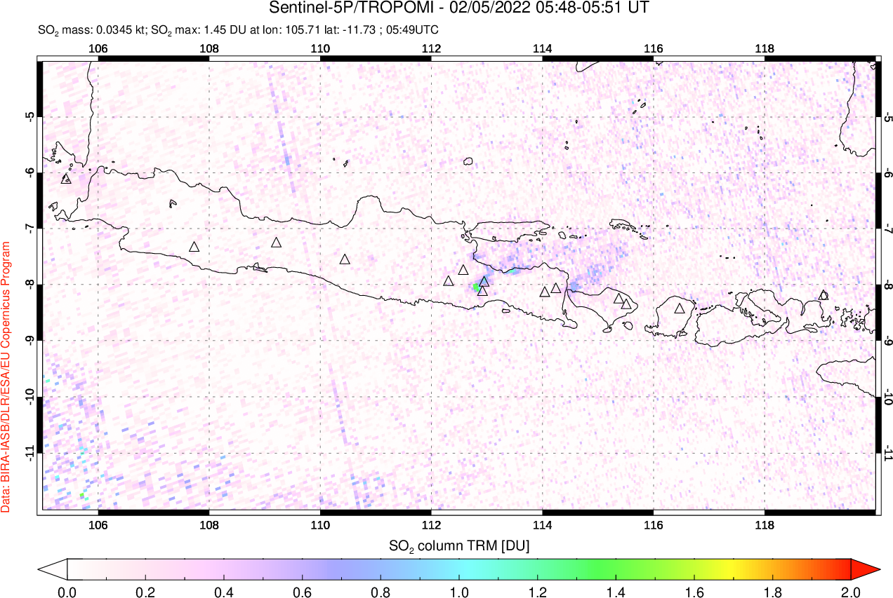 A sulfur dioxide image over Java, Indonesia on Feb 05, 2022.