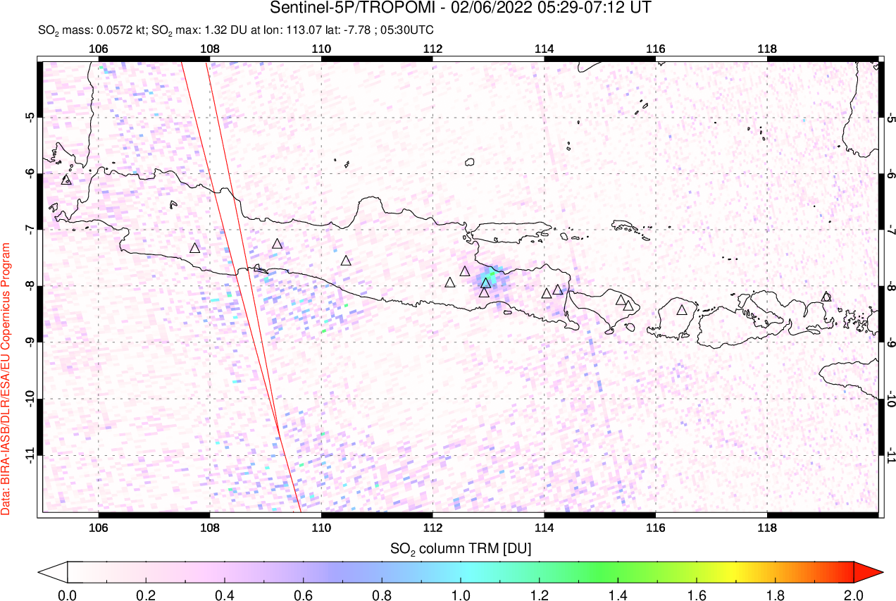 A sulfur dioxide image over Java, Indonesia on Feb 06, 2022.