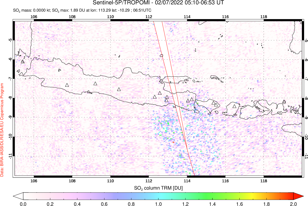 A sulfur dioxide image over Java, Indonesia on Feb 07, 2022.