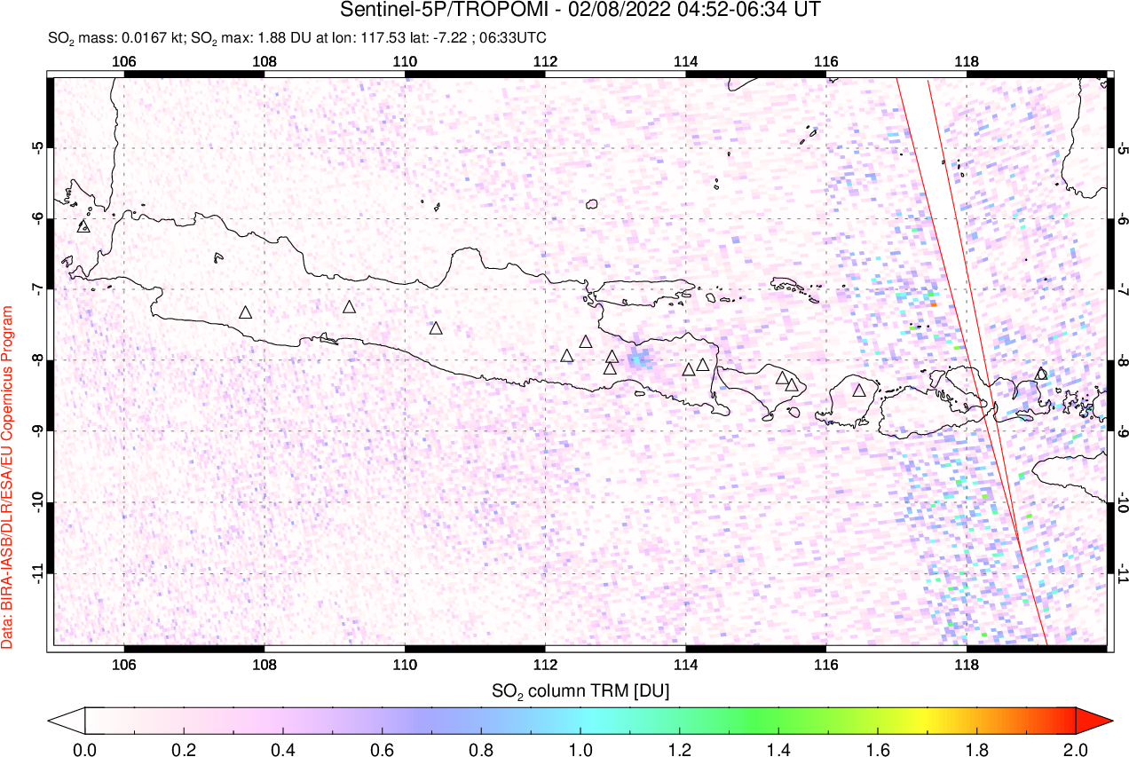 A sulfur dioxide image over Java, Indonesia on Feb 08, 2022.