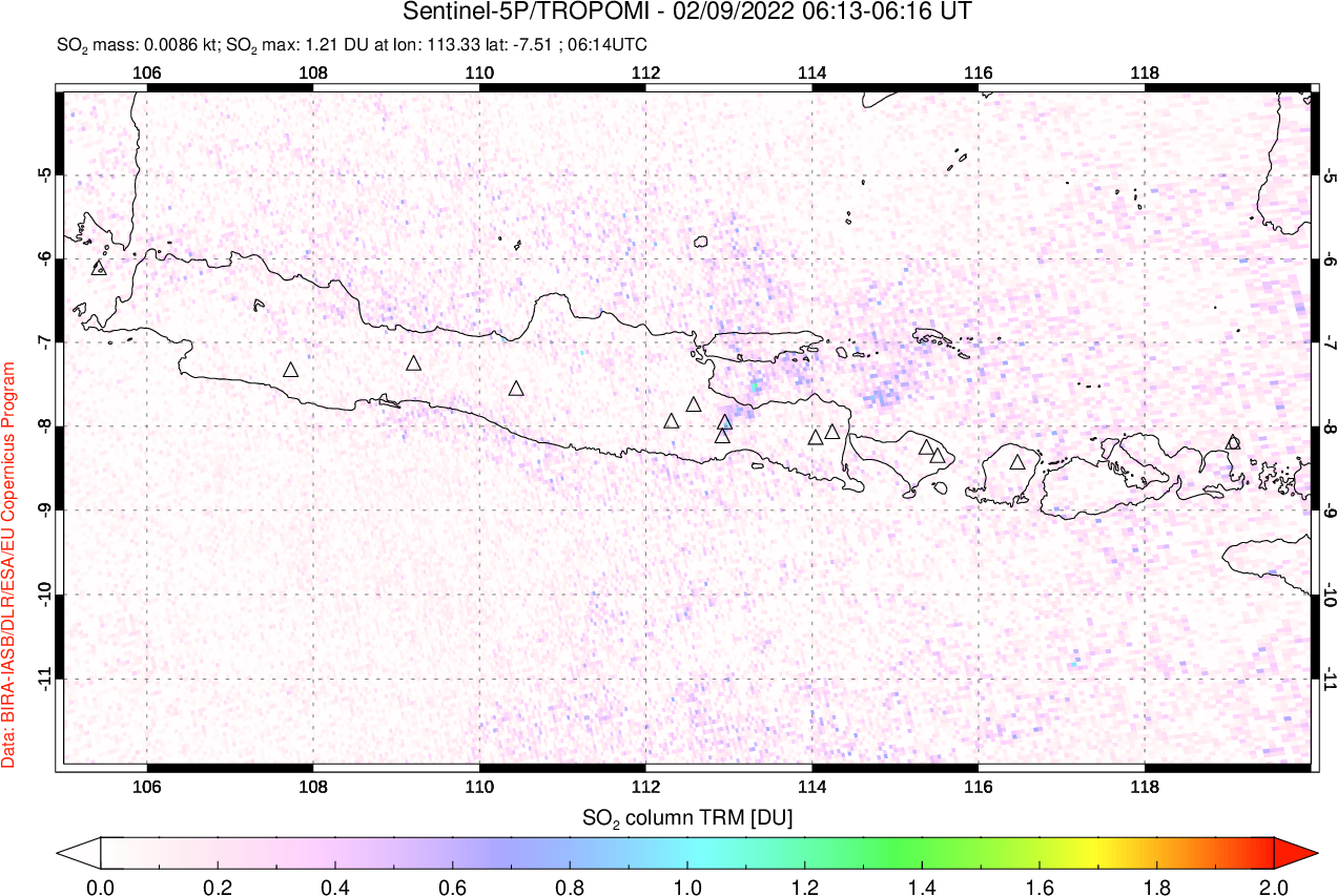 A sulfur dioxide image over Java, Indonesia on Feb 09, 2022.
