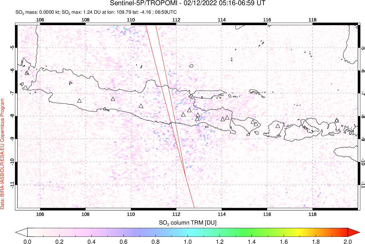 A sulfur dioxide image over Java, Indonesia on Feb 12, 2022.