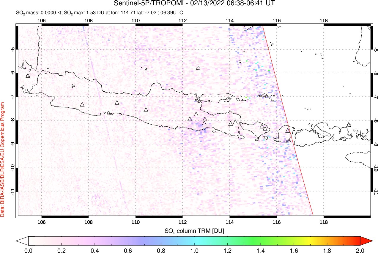 A sulfur dioxide image over Java, Indonesia on Feb 13, 2022.