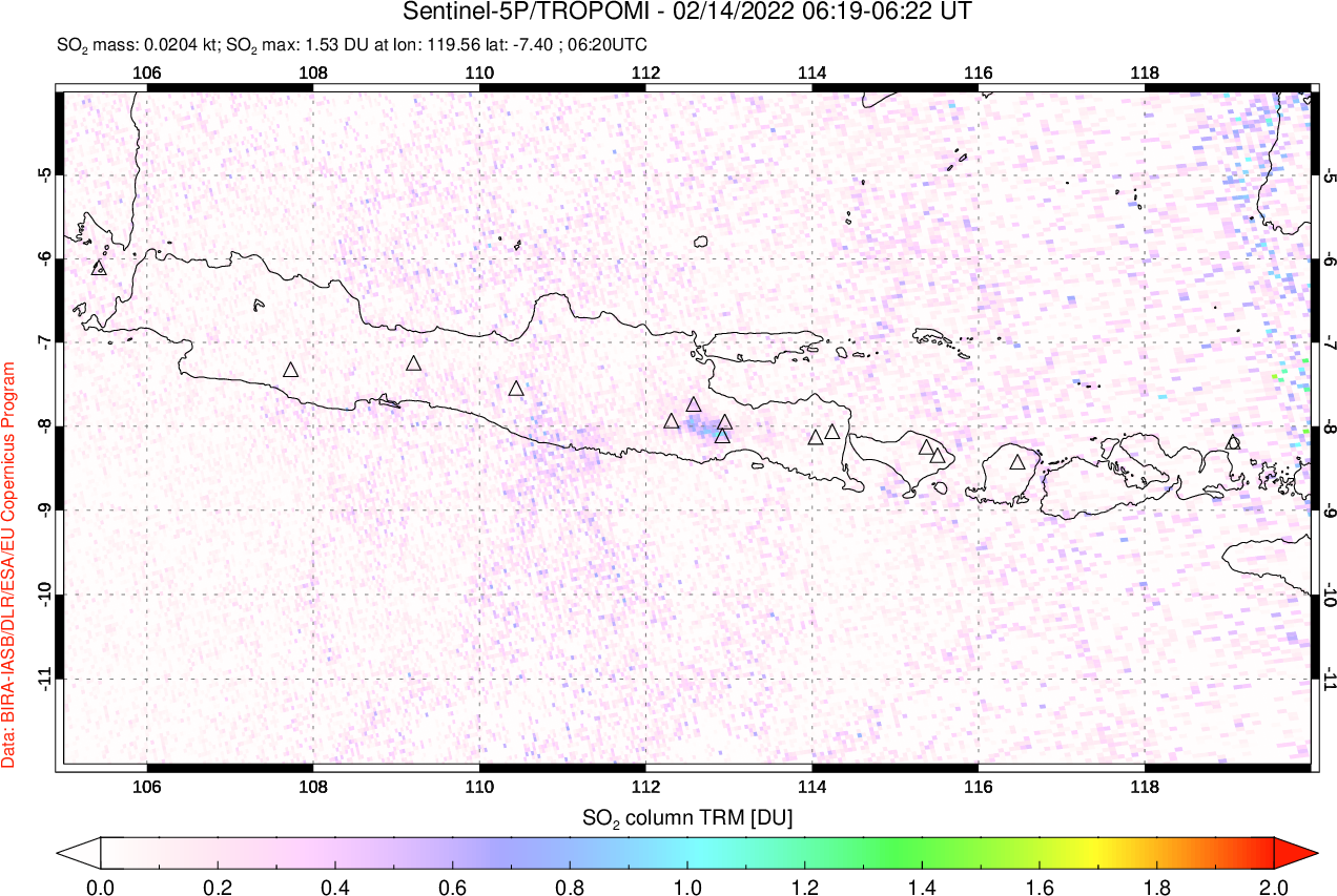 A sulfur dioxide image over Java, Indonesia on Feb 14, 2022.