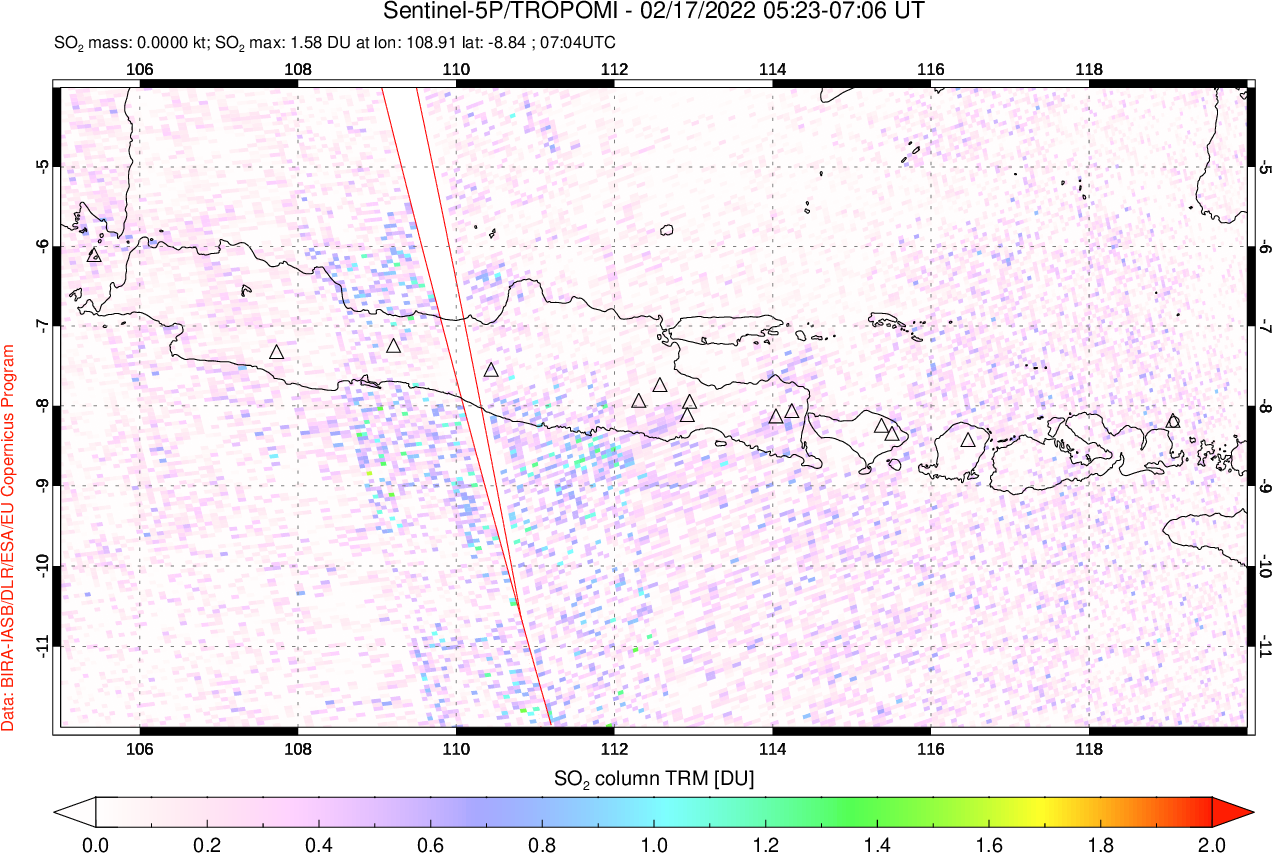 A sulfur dioxide image over Java, Indonesia on Feb 17, 2022.