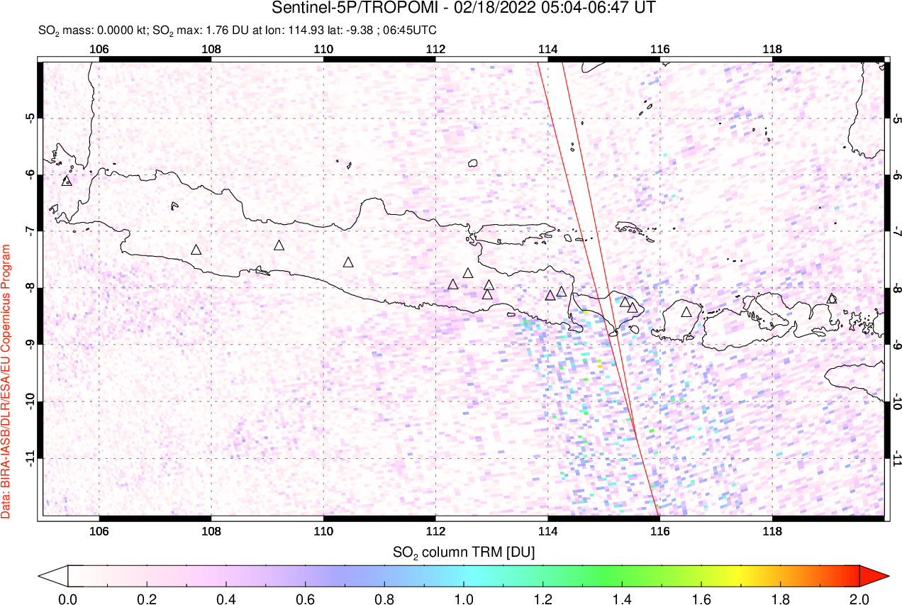 A sulfur dioxide image over Java, Indonesia on Feb 18, 2022.