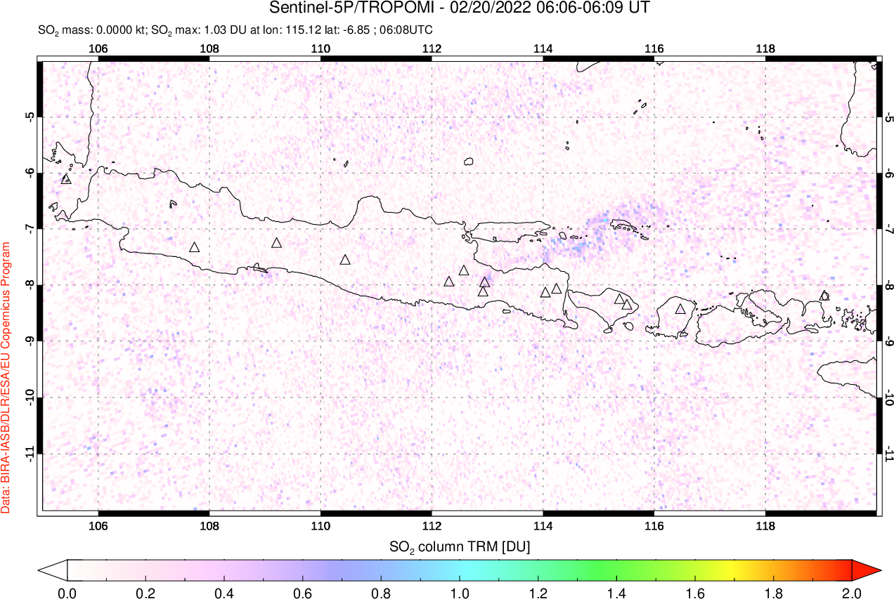 A sulfur dioxide image over Java, Indonesia on Feb 20, 2022.