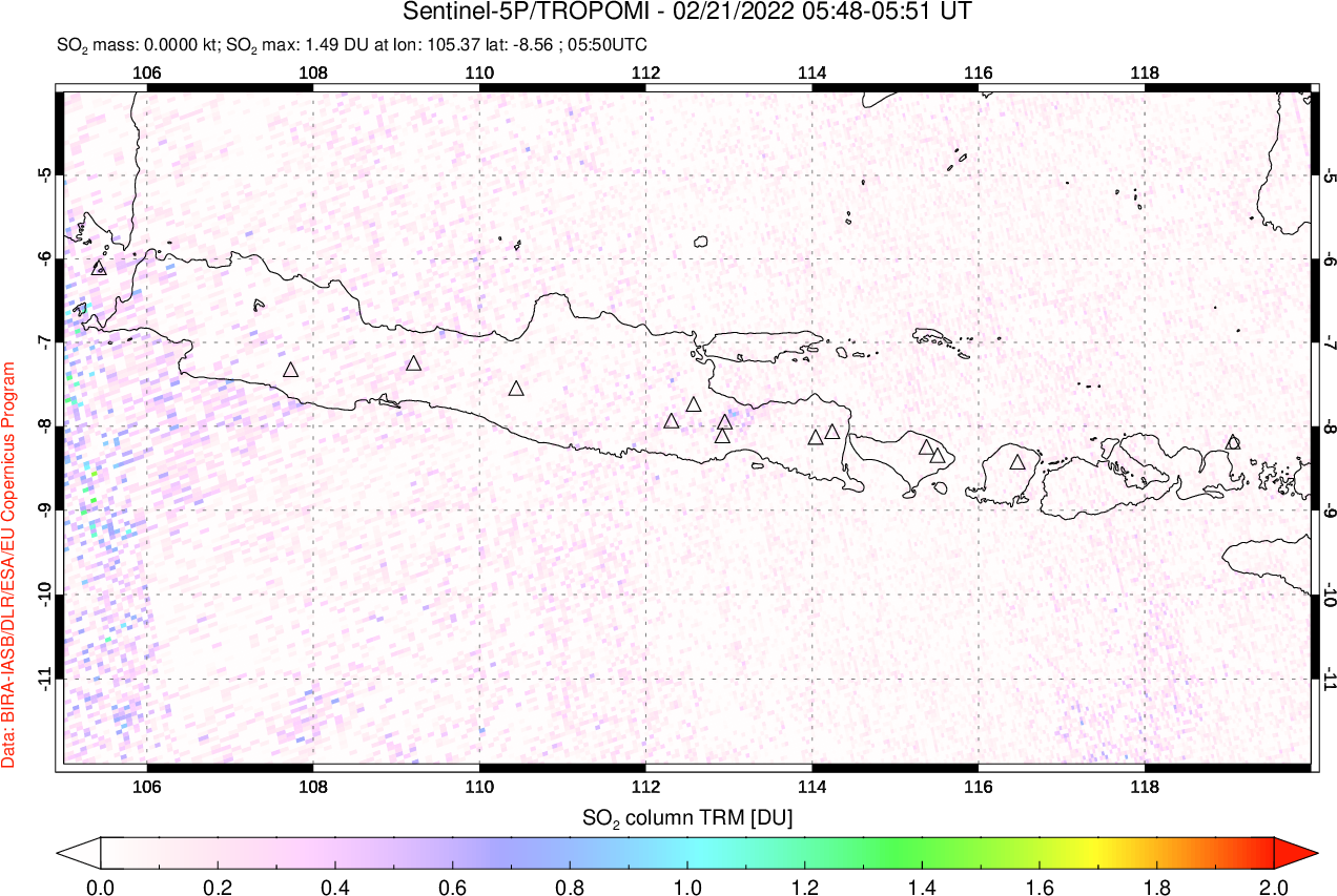 A sulfur dioxide image over Java, Indonesia on Feb 21, 2022.