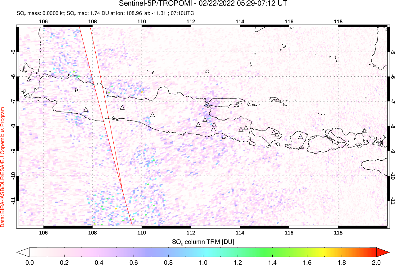 A sulfur dioxide image over Java, Indonesia on Feb 22, 2022.