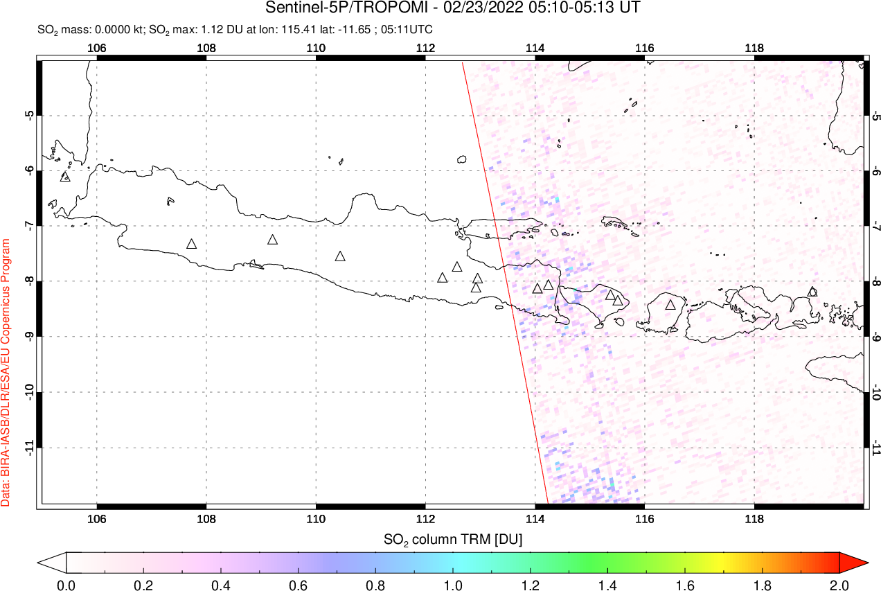 A sulfur dioxide image over Java, Indonesia on Feb 23, 2022.