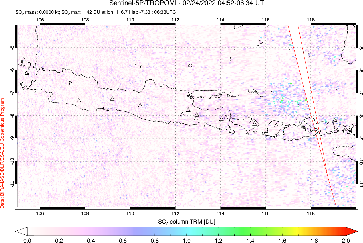 A sulfur dioxide image over Java, Indonesia on Feb 24, 2022.