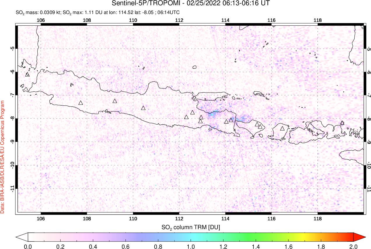 A sulfur dioxide image over Java, Indonesia on Feb 25, 2022.