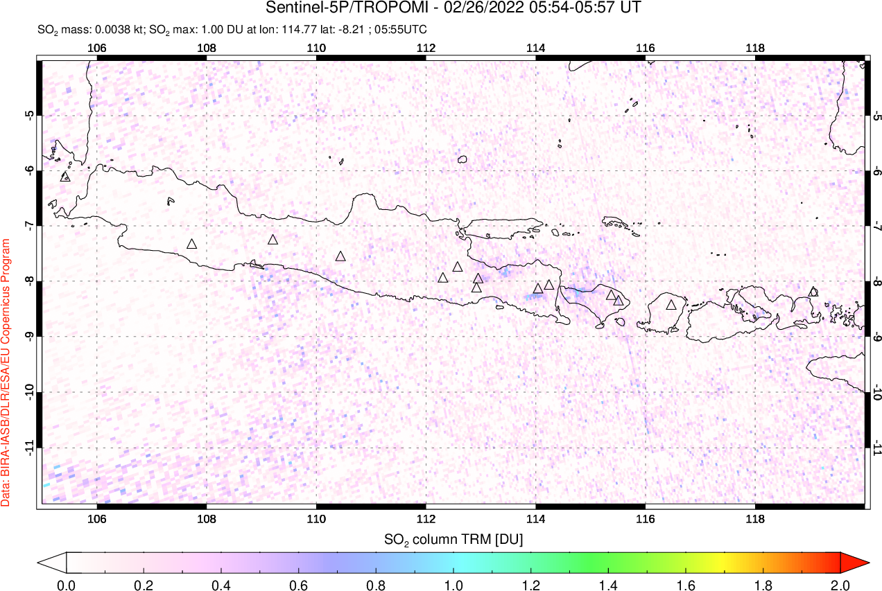 A sulfur dioxide image over Java, Indonesia on Feb 26, 2022.